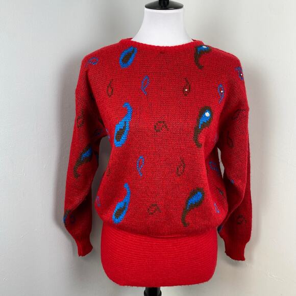 Diane Von Furstenberg Vintage 80s Red Wool Balloon Sleeve Paisley Sweater Small - Picture 1 of 7